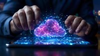 Businessman hands protecting glowing digital brain cloud with neural network connections over futuristic holographic interface for AI technology concepts.