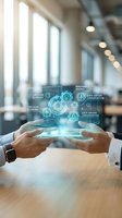 Business hands presenting holographic circular economy interface with renewable energy and data conservation icons in modern office environment.