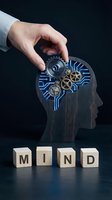 Hand placing gear into wooden head silhouette with circuit board pattern and golden cogs, representing mental processes, innovation, and cognitive development for business and technology concepts.