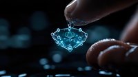 Glowing blue holographic heart held between fingers against dark background with bokeh lights, futuristic technology concept for healthcare innovation and digital love.