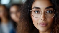 Young mixed race woman with curly hair wearing round glasses smiles confidently at camera. Natural makeup, modern professional look with soft bokeh background.