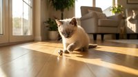Cute kitten with cream and brown coloring sitting on wooden floor in bright living room with natural sunlight, houseplants, and furniture in background. Perfect for pet, home decor, and lifestyle content.