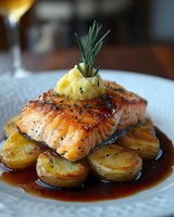 Grilled salmon fillet with butter-roasted potatoes, pineapple garnish and rosemary sprig in rich brown sauce, served on white plate with elegant presentation.
