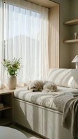Cozy window seat with sleeping white fluffy dog, natural light, neutral home interior design with built-in storage and floating shelves.