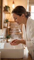 Woman with dark hair in casual white cardigan washing hands at bathroom sink with warm lighting and potted plants in background.