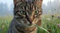 Tabby cat with green eyes staring directly at camera in misty meadow with grass and wildflowers, outdoor wildlife portrait.