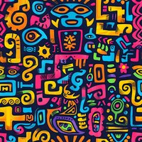 Vibrant seamless pattern with colorful tribal symbols, masks and abstract shapes in yellow, pink, blue and orange on dark background. Repeatable ethnic art design.