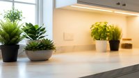 Modern kitchen counter with fresh green plants and herbs creating natural home decor atmosphere with warm lighting and clean minimalist design.