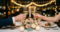 Couple toasting with champagne glasses at romantic dinner date with string lights and rose bouquet creating intimate evening atmosphere for celebration.