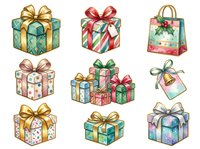 Watercolor holiday gift boxes with bows and ribbons in festive green, red, gold, and pink tones. Isolated presents on white background, ready for greeting cards, wrapping paper, and seasonal designs.