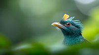 Close-up portrait of green crested bird with yellow beak and distinctive red eye against soft blurred natural background, showing intricate feather detail and vibrant colors.