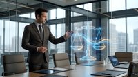 Professional businessman in dark suit presenting holographic justice scales in modern conference room with city skyline view through large windows.