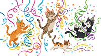 Playful cats celebrating with colorful confetti, ribbons and streamers on white background. Isolated clipart suitable for party invitations, greeting cards, t-shirt designs and festive decorations.