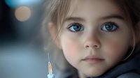 Young girl with striking blue eyes and gentle expression wearing gray hoodie against soft bokeh background, natural lighting creates ethereal mood. Medical syringe in foreground.