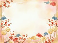 Lunar new year background with red plum blossoms, blue clouds, and golden lanterns on cream border, suitable for greeting cards.