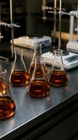 Laboratory flasks filled with amber liquid arranged on dark workbench with scientific equipment and digital scales in background, suitable for chemistry, research, and education.