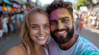 Young diverse couple with colorful powder paint on faces smiling at camera during festival celebration, showing joy and happiness in outdoor summer event.