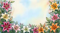 Watercolor lily flowers frame border with soft pastel background, floral botanical illustration for greeting cards, wedding invitations and spring designs.