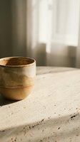 Rustic ceramic cup on concrete surface with soft natural light streaming through window, creating warm minimalist aesthetic for home decor and lifestyle content.