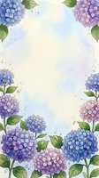 Watercolor hydrangea flowers frame with soft pastel colors and green leaves creating elegant border for wedding invitations and spring designs.