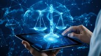 Legal scales hologram glowing on tablet screen held by professional hand, representing digital law, justice technology, and cyber legal services for business and compliance applications.