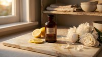 Amber glass bottle with essential oil or perfume surrounded by fresh lemons and white roses on marble countertop near window for wellness and beauty product marketing.