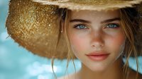 Young woman with blue eyes wearing straw sun hat against turquoise background, natural makeup and glowing skin, loose blonde hair strands frame face in summer portrait.