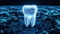 Glowing digital tooth hologram with neural network connections on futuristic blue technology background for dental healthcare innovation concepts.