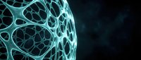 Abstract cellular network structure with glowing cyan organic patterns on dark background for science technology and biotechnology design concepts.
