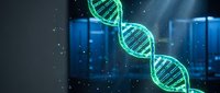 Glowing green DNA double helix structure in futuristic laboratory setting with blue lighting and digital particles for biotechnology research.