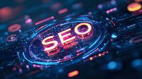 Glowing SEO text in futuristic digital interface with neon pink and blue lights, circuit patterns and bokeh effects on dark background. For marketing design.