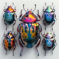 Vibrant metallic beetles collection with iridescent holographic effect perfect for nature-inspired design, entomology art, and modern decorative projects. Central specimen larger with detailed wings.