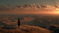 Silhouette of person standing on hill overlooking vast landscape at golden sunset with dramatic clouds and warm light creating peaceful contemplative mood.