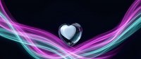 Metallic chrome heart floating above flowing neon light waves in pink and teal colors on dark background for romantic digital art and love concepts.