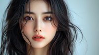 Young Asian woman with coral lipstick and natural makeup looking directly at camera. Long black wavy hair frames her face against light blue background. Soft beauty portrait.