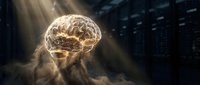 Golden glowing human brain floating in cosmic space with divine light rays and mystical atmosphere for neuroscience and consciousness concepts.