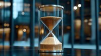 Elegant hourglass with flowing golden sand against blurred city lights background, symbolizing time management and business deadlines in modern corporate setting.