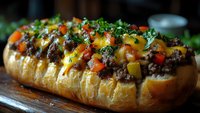 Loaded submarine sandwich with seasoned ground beef, melted cheese, diced vegetables and fresh herbs on crusty bread roll served on wooden board.
