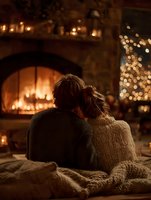 Couple embracing by fireplace with Christmas tree lights creating cozy romantic winter evening atmosphere at home for holiday celebrations and intimate moments.