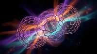 Abstract geometric spheres with glowing wireframe structure in cosmic space with colorful light rays and energy beams for futuristic digital design concepts.