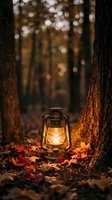 Vintage oil lantern glowing warmly among autumn leaves between tree trunks in forest, creating cozy atmospheric lighting for camping and outdoor adventures.