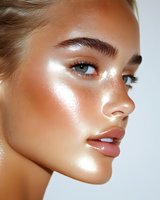 Side profile portrait of young Caucasian woman with glowing dewy skin, highlighted cheekbones, natural makeup, and glossy lips against white background.