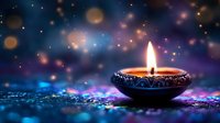 Ornate oil lamp with glowing flame on sparkling surface against magical bokeh lights background for festive celebrations and spiritual ceremonies.