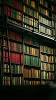 Vintage library interior with tall wooden bookshelves filled with colorful antique books and classic literature collection for academic research and study.