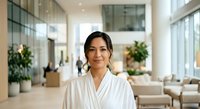 Woman in white robe standing in modern spa or wellness center lobby with plants and natural light, suitable for health, beauty, and hospitality marketing.