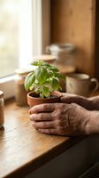 Elderly hands gently protecting young basil plant in terracotta pot on wooden kitchen counter near window with warm natural light for gardening concept.