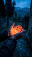 Cupped hands holding a small glowing candle flame outdoors at dusk, with misty mountains and dark trees in the background.