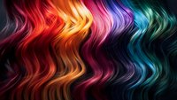 Vibrant wavy strands of multicolored hair flowing in rainbow spectrum from red to turquoise, creating dynamic pattern against dark background for beauty and fashion designs.