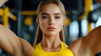 Young athletic woman in yellow sports top at gym, focused determined expression during workout. Blurred fitness equipment background creates dynamic atmosphere.