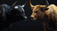Black bull and brown bull facing each other against dark background, symbolizing market opposition, financial confrontation, and trading concept.